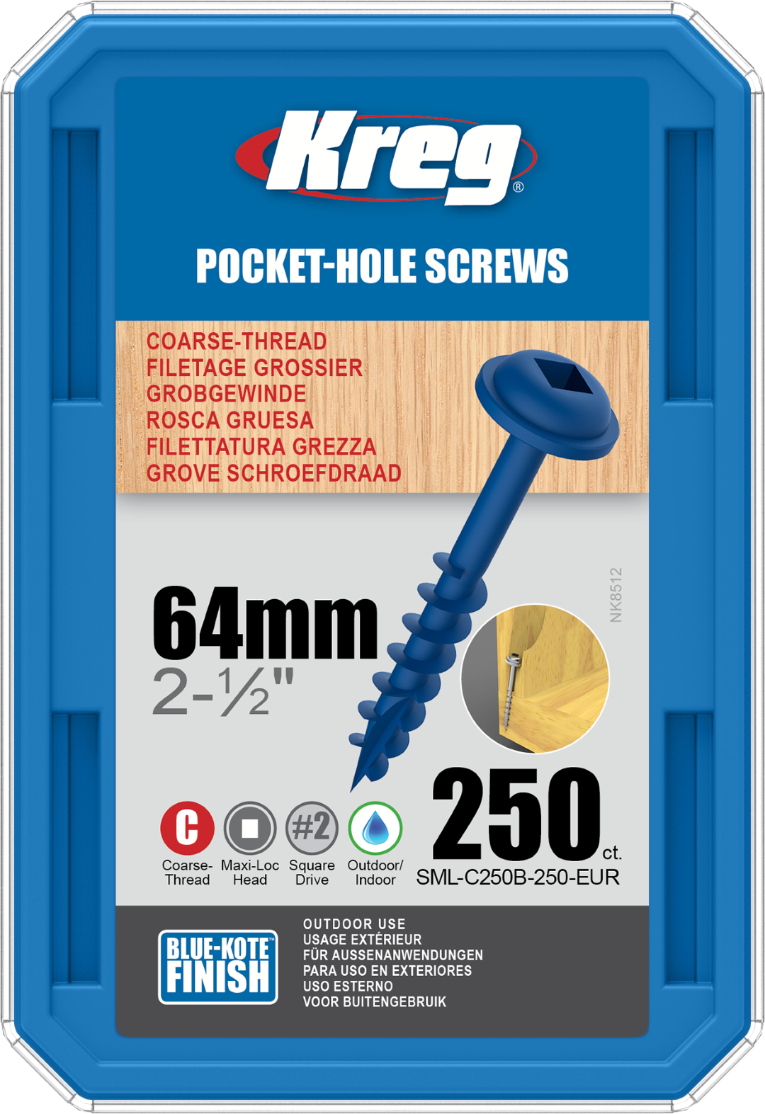 Kreg Blue-Kote Pocket-Hole Screws - 64mm, #8 Coarse, Washer-Head, 250ct