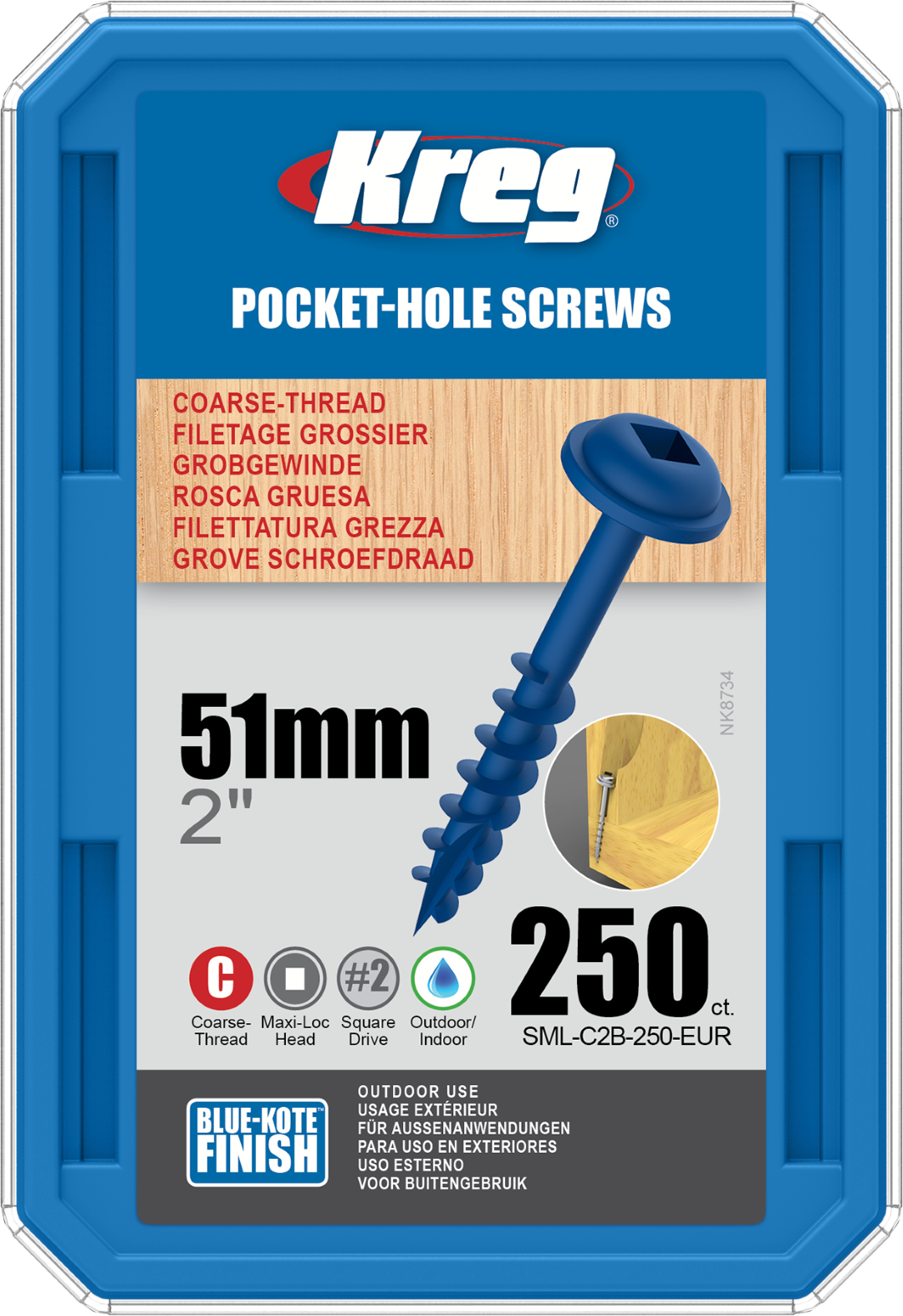 Kreg Blue-Kote Pocket-Hole Screws - 51mm, #8 Coarse, Washer-Head, 250ct